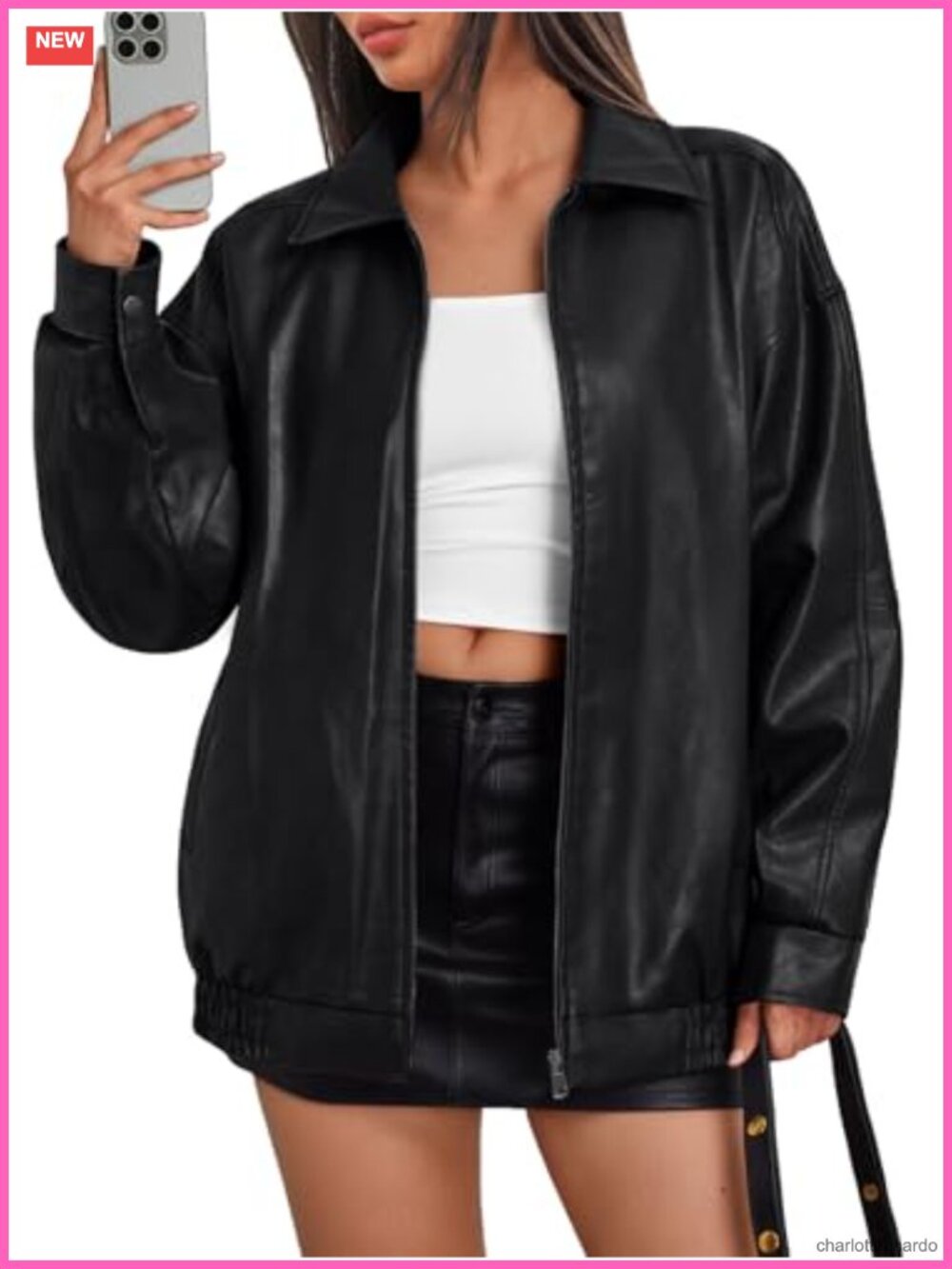 Vegan Leather Oversized Moto Bomber Jacket Womens Zip Up Fall Winter Coat